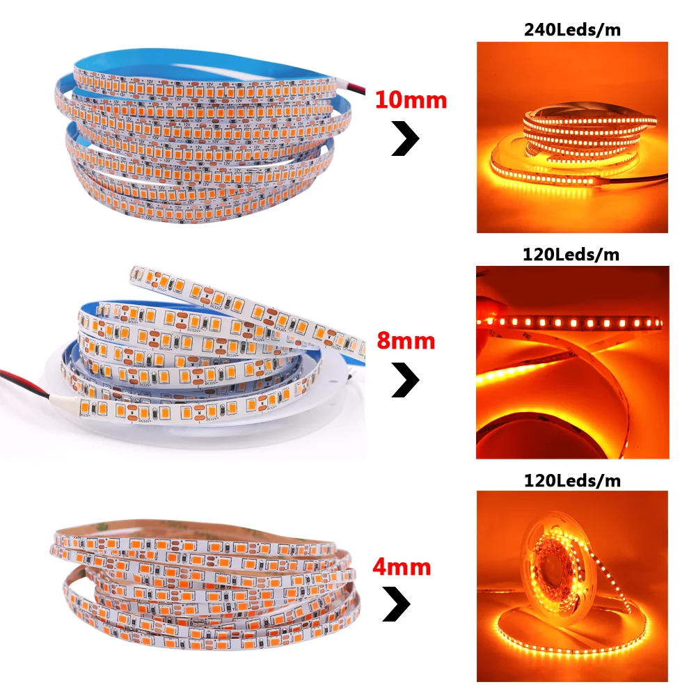 DC 12V LED Strip Light Indoor Decoration 2835 SMD 120 240 LEDs/m Flexible Ribbon Orange Lighting 5M 4mm 8mm 10mm Width LED Light