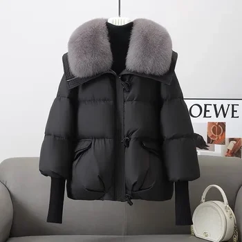 Image 2025 Winter Down cotton Short Padded Jacket Women Parkas Fur Collar Thick Cotton Coats Clothes Black Casual Outerwear Female new