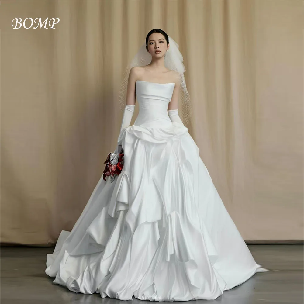 BOMP Klassisches Brautkleid mit Falten, trägerlos, A-Linie, bodenlang, weißer Taft, Korea-Fotoshooting, Braut-Empfangskleid, individuell