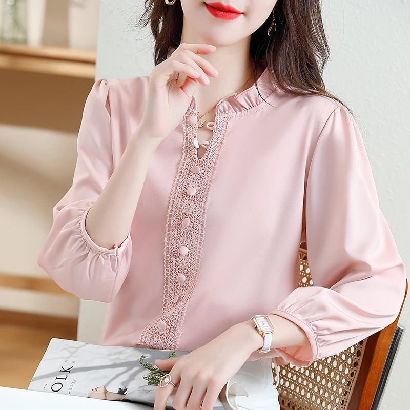 Women Clothing Loose Solid Elegant Chic Button Blouse Office Lady Casual Lace Chiffon Simple Fashion Shirt