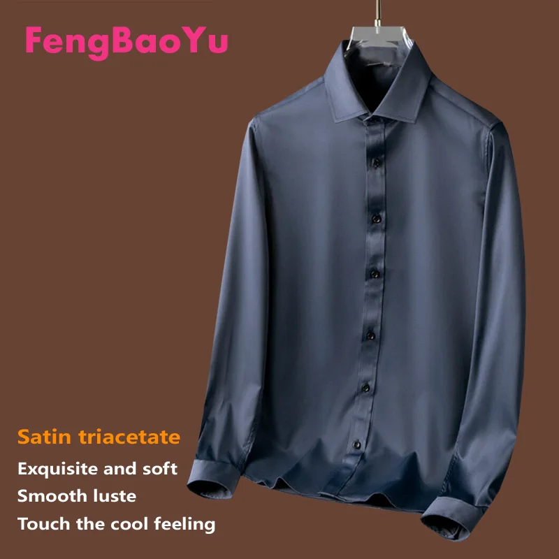 Fengbaoyu Satin Triacetate Spring Summer Men\'s Long-sleeved Shirt Smooth Silk Business and Leisure Clothes for Men Good quality