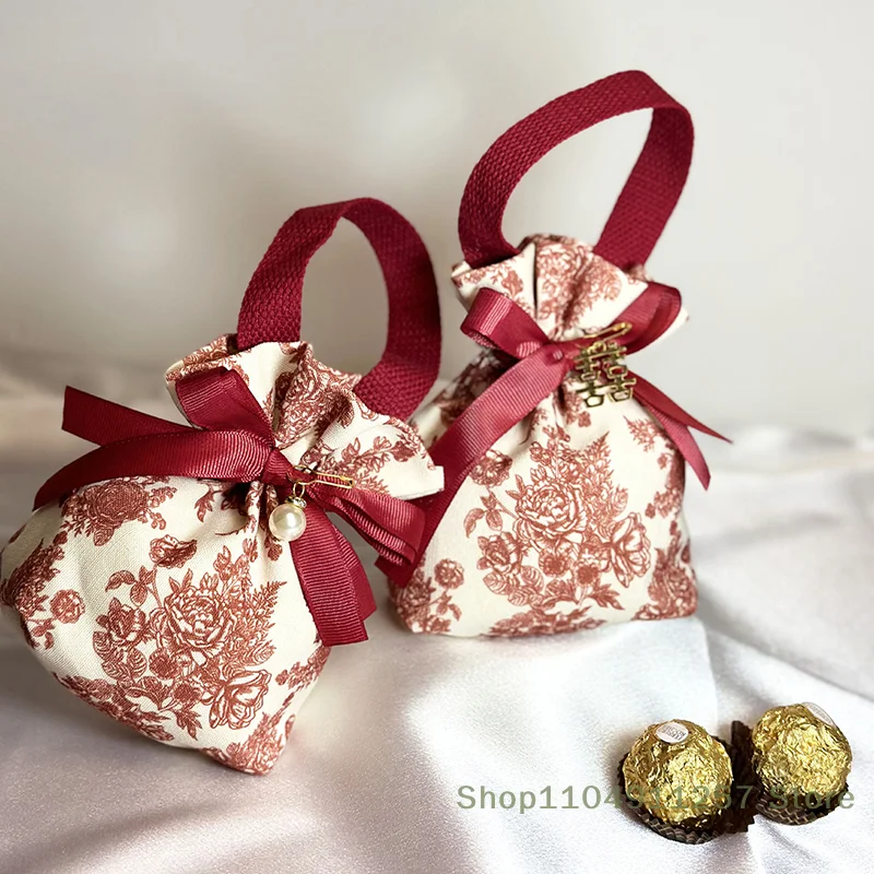 

1PC Flower Printed Drawstring Candy Pouch Bag, Handle Bag Gift for Wedding Party