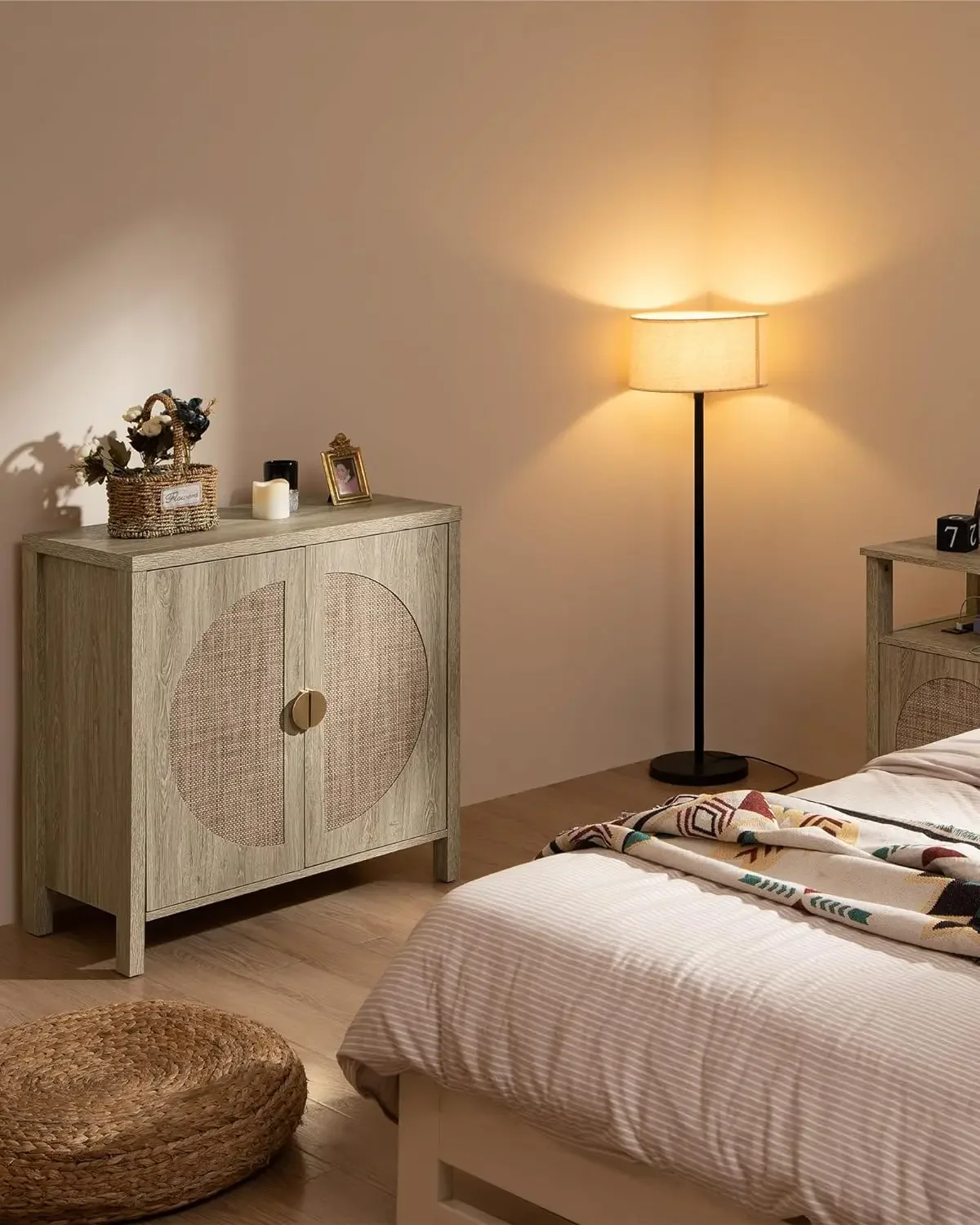 1/2/3pc Accent Wood Cabinet,Rattan Sideboard Buffet Storage Credenza w/ Adjustable Shelves,Multifunctional Console Table,Natural