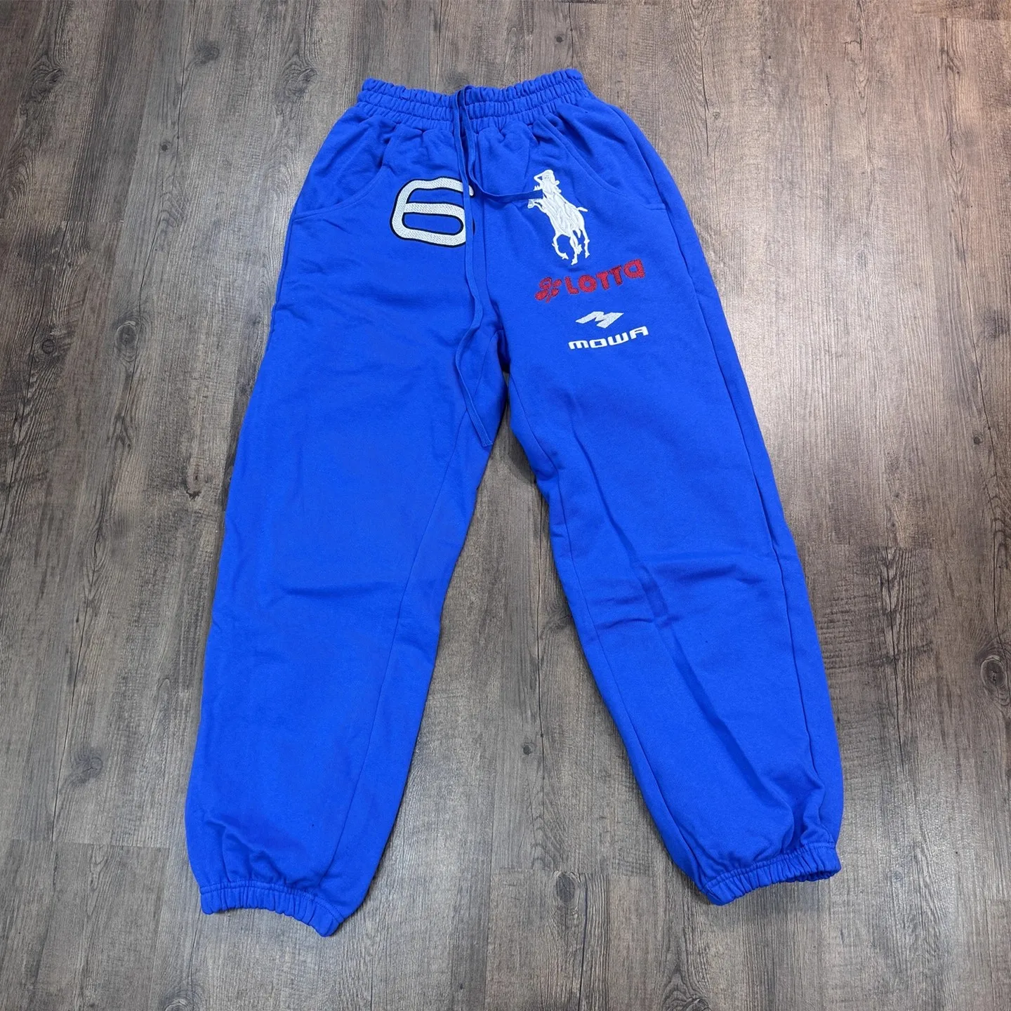 

Синие спортивные штаны Mowalola London с вышивкой War Horse Knight Digit 6, спортивные штаны с этикеткой для мужчин и женщин, широкие брюки Terry, повседневные свободные брюки