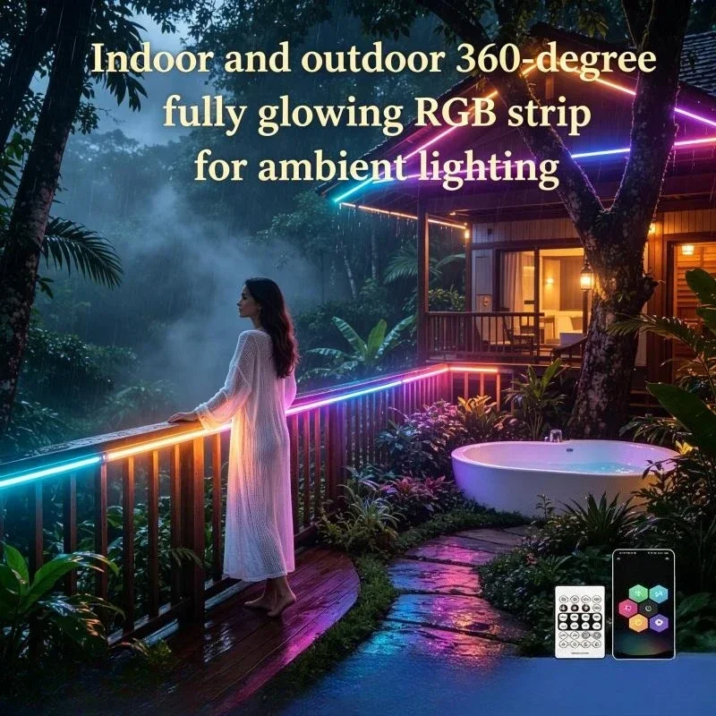 RGB LED Strip Lights Neon Addressable 360 Degree Flexible Nylon Mesh Round Remote Control for Bedroom Living Room Decor