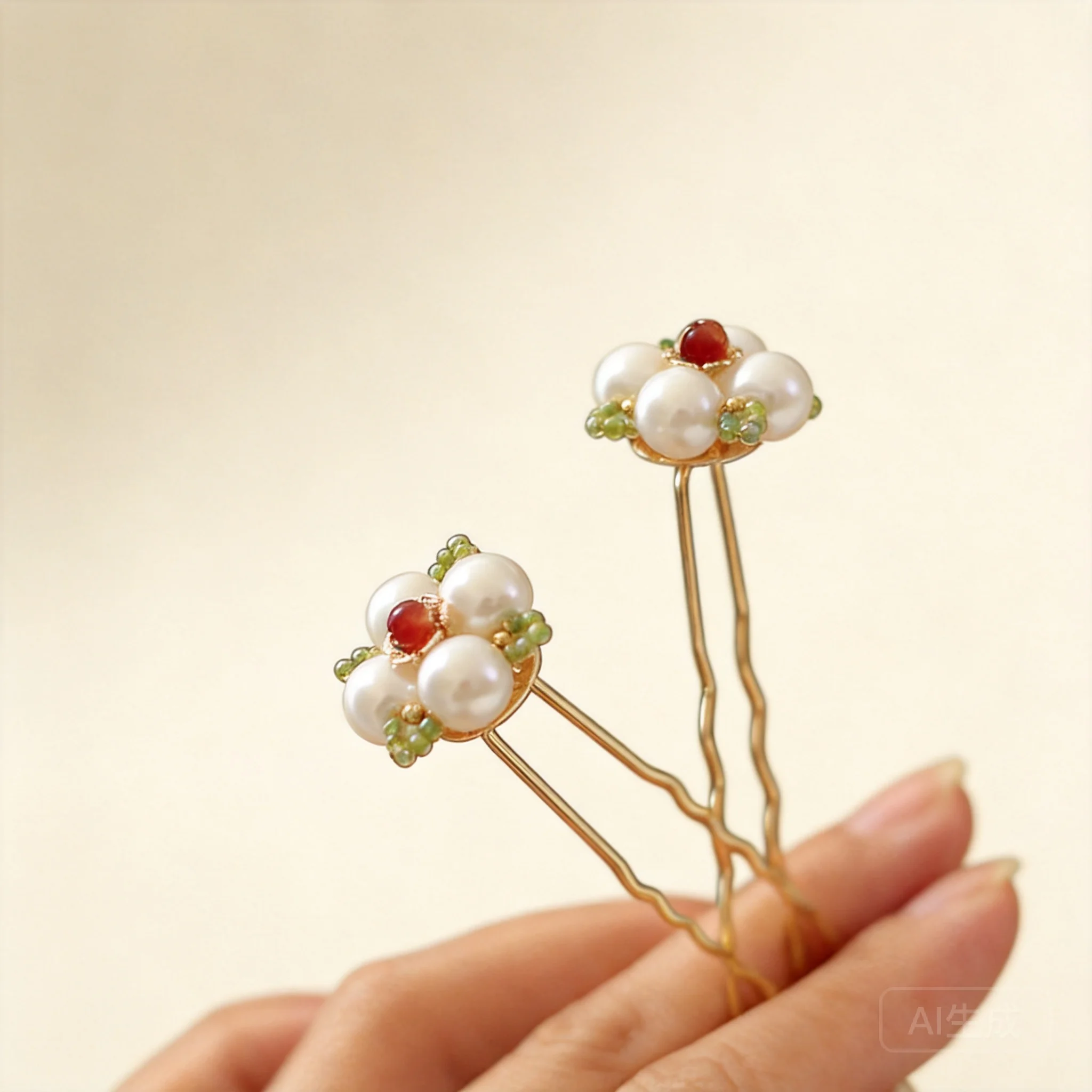 Traditional Chinese Style Lucky Auspicious Good Fortune Pearl Green Bead U Shaped Hair Pin Vintage Hanfu Hair Accessory Elegant
