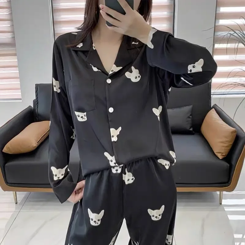 Autumn Winter New Ice Silk Women\'s Pajamas Set Lapel Cardigan Outfits for Women 2 Piece Set Cute Dog Printing Pajamas for Girls