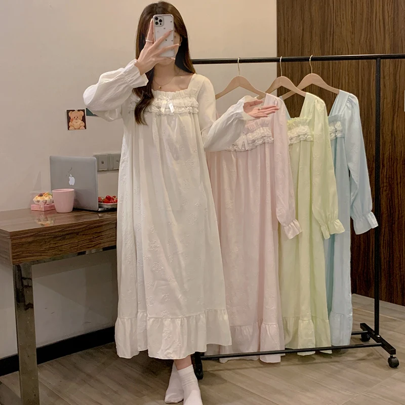 

2025 Autumn Long Sleeve Cotton Nightgowns for Women Korean Cute Lace Sleepwear Night Dress Nightdress Home Nighty