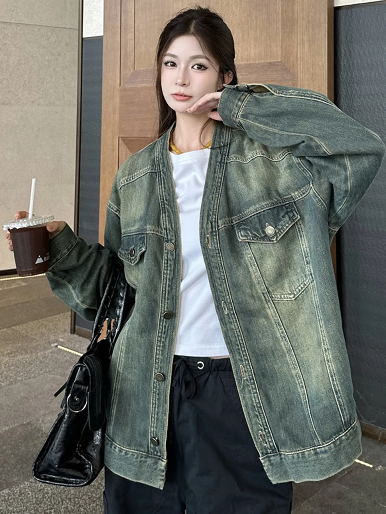 Retro Blue Denim Jacket Collarless Women's Boyfriend Loose Slimming Coat V-neck Fashion Trends Street Style Girl Versatile New