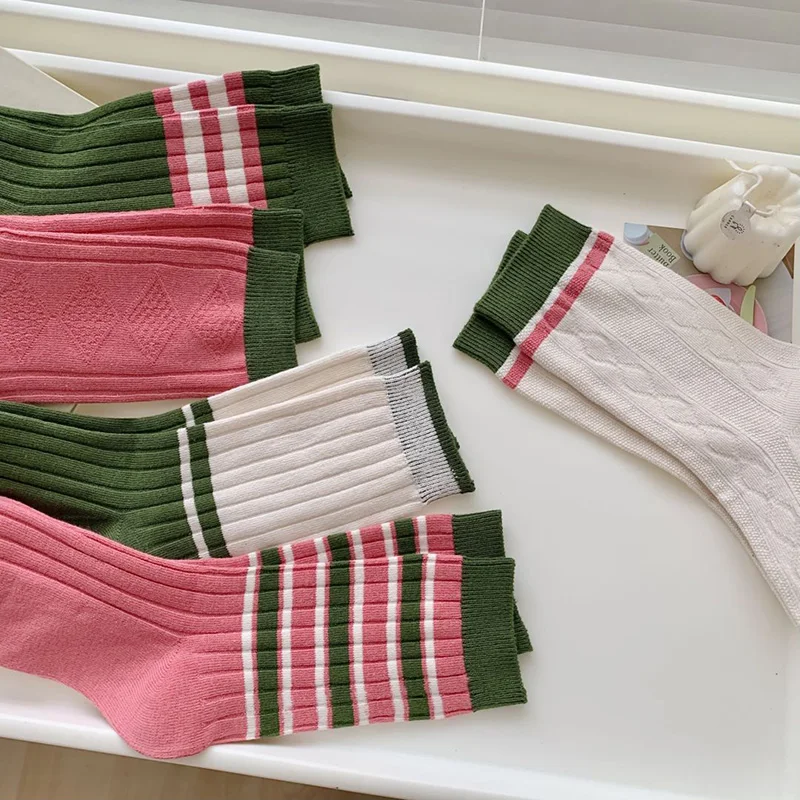 5 Pairs Lot Fashion Women\'s Socks Medium Tube Winter Korean Style Pink Green Striped Knit Breathable Soft Girls Cotton Sock Pack