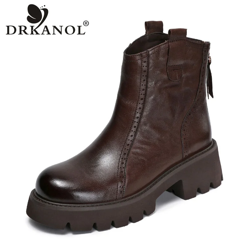 DRKANOL Women Chunky Platform Ankle Boots Handmade Retro Style Genuine Cow Leather Back Zipper Thick High Heel Chelsea Boots