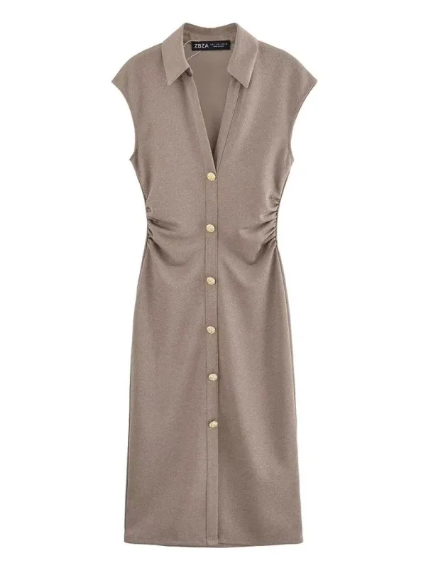 2025 Spring Summer New Women's Elegant Fashion Bead Cloth Shirt-style Short-sleeved V-neck Slim-fit Dress Long Skirt MX4A