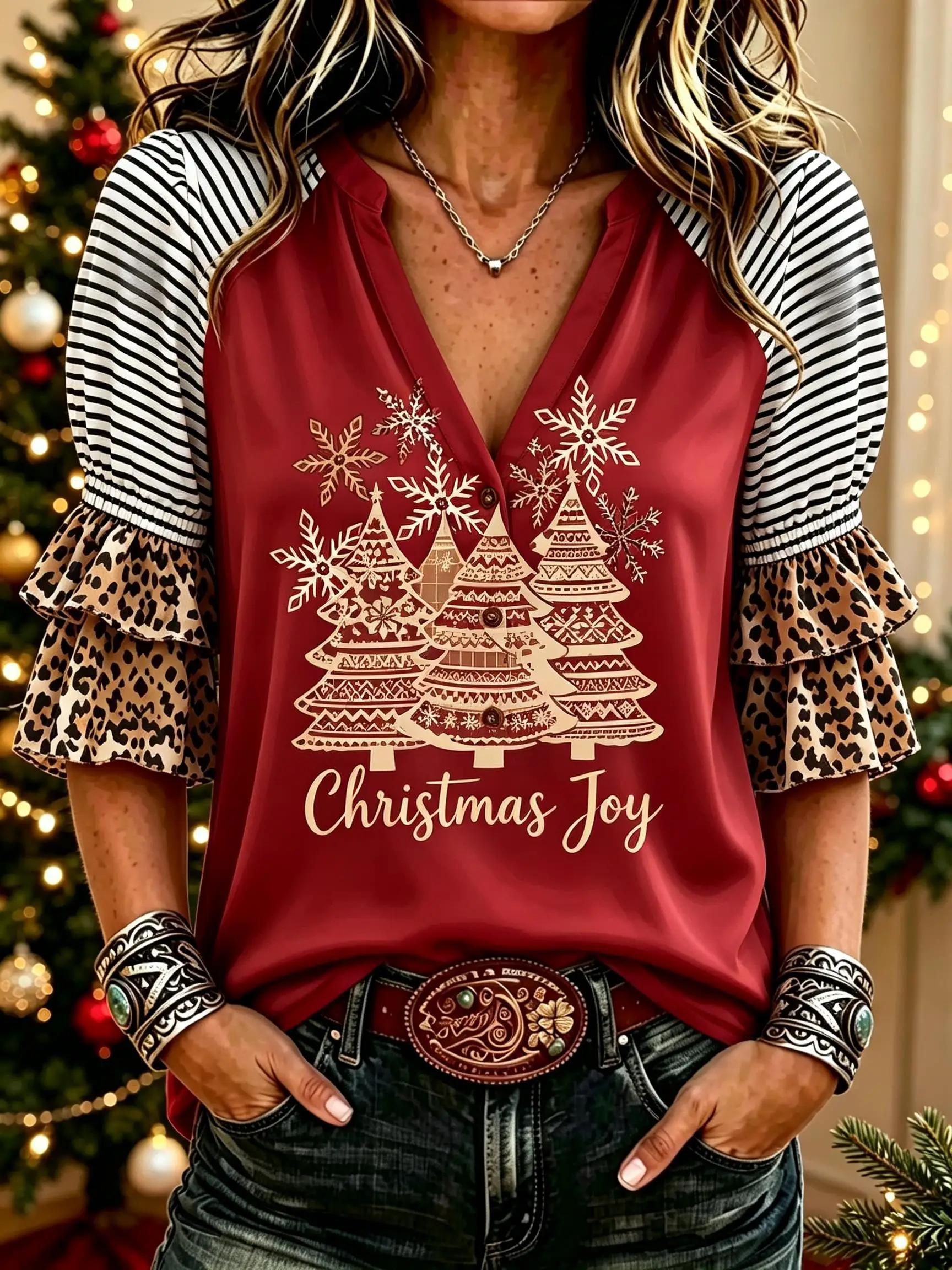 Women V Neck Half Button Blouse Color Block Tiered Ruffle Sleeve Christmas Tree Graphic Print Holiday Top