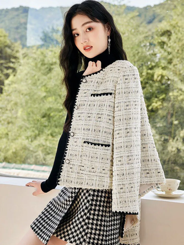 Korean Elegant O-neck Tweed Jackets Tops Women Casual Woolen Long Sleeve Coats Spring Fall Wool Blend Single Breasted Abrigos