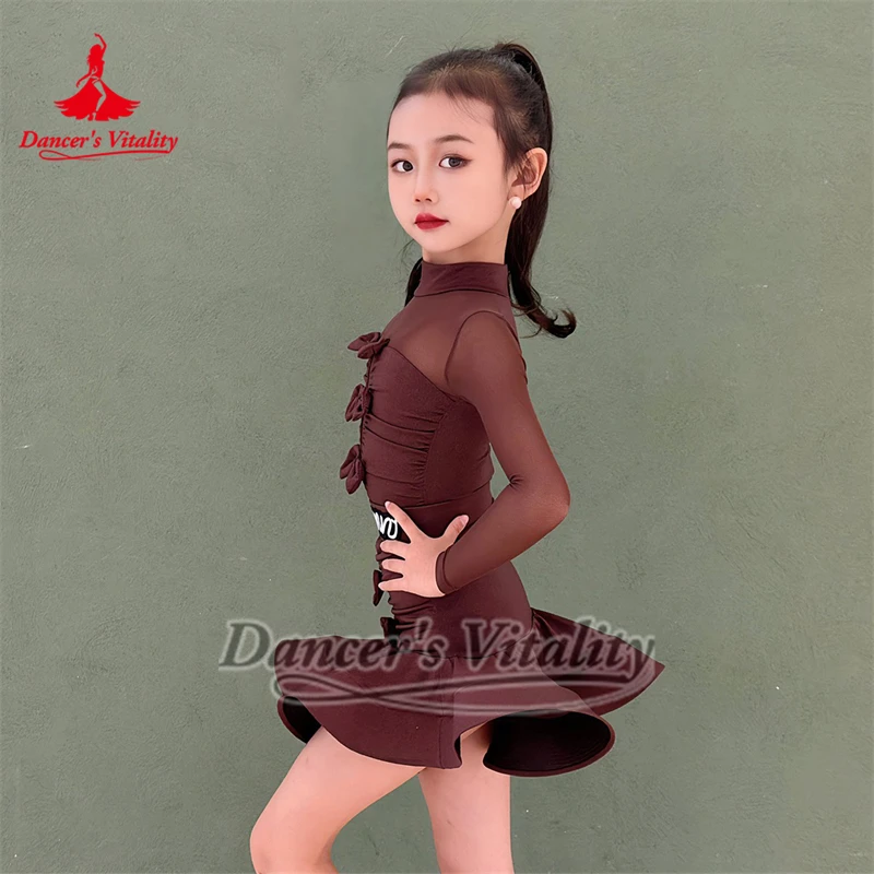 Tieners Latin Dance Hooggesloten Lange Mouwen Strik Decoratie Bodysuit + Visgraat Rok Sets Danser Vitaliteit Chacha Kleding