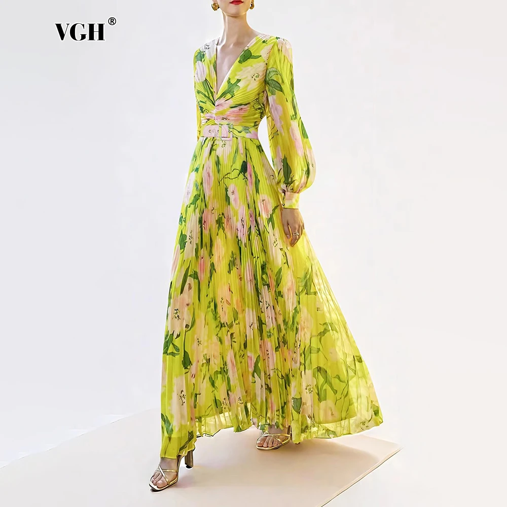 VGH Casual Floral Print Yellow Dress Female V Neck Lantern Sleeve Slimming Pleated Holiday Long Dresses For Women Clothes Autumn