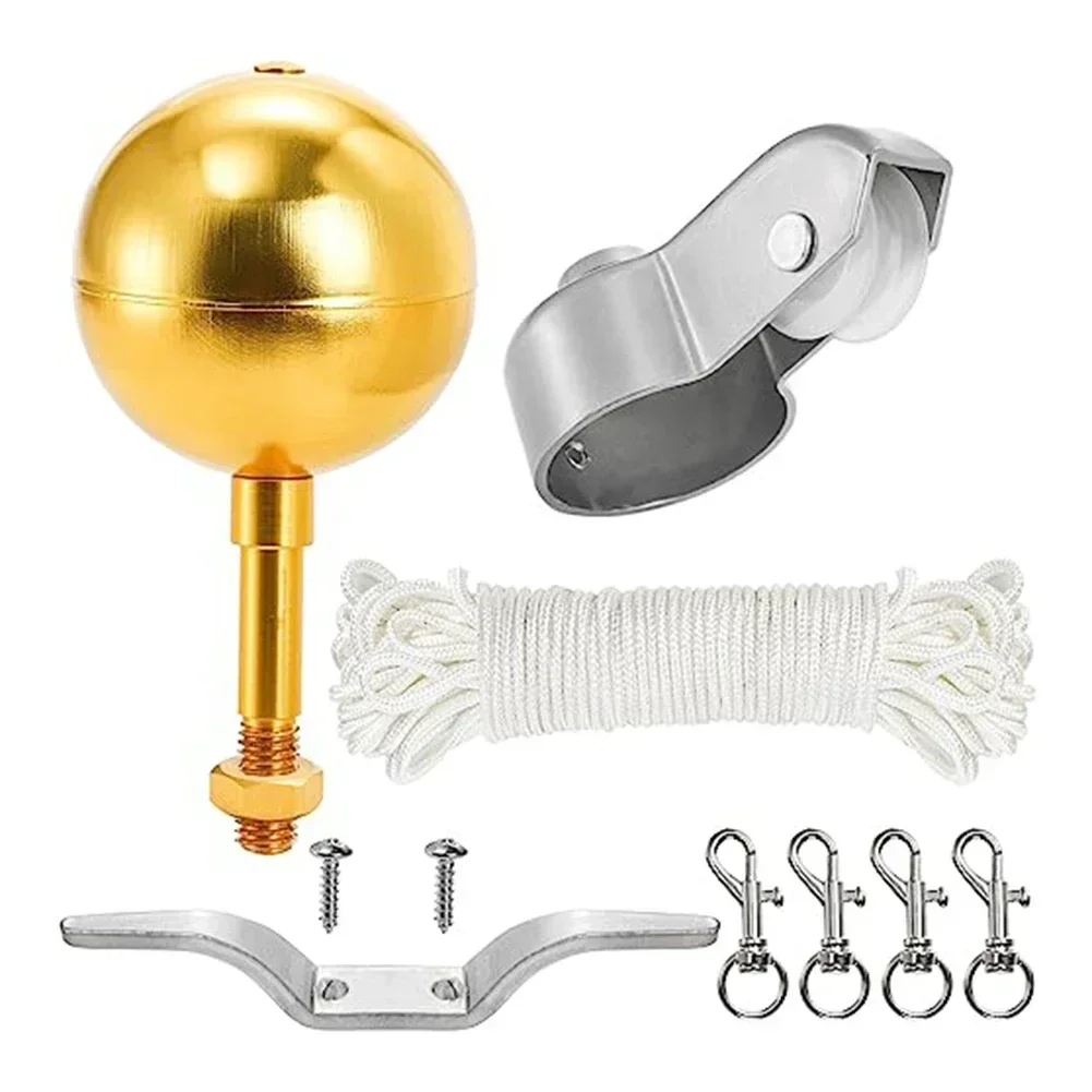 

Flagpole Upgrade Kit 3 Inch Golden Ball Aluminum Alloy Flagpole Nylon Pulley Drop Rope Metal Flag Clips Cleat Hook