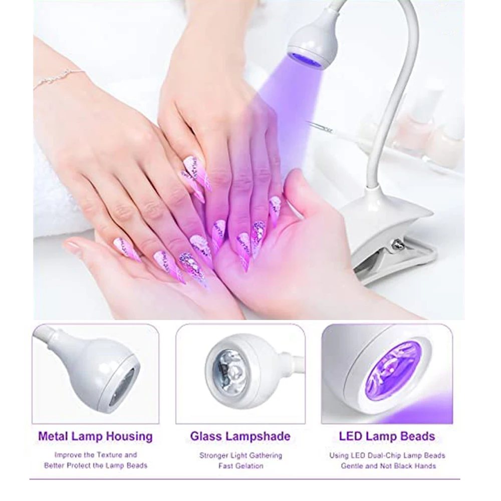 Mini lampe à ongles à col de cygne à lumière LED UV, pince à ongles pour pointes d'ongles en gel UV, lampe à polymériser USB portable et facile à tenir, bureau à clipser