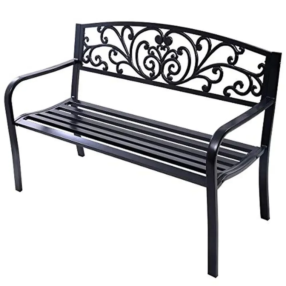 Outdoor Patio Bench Park Garden Furniture Decorative Cast Iron Backrest Antique Style Charming Design Seat Height 33.5