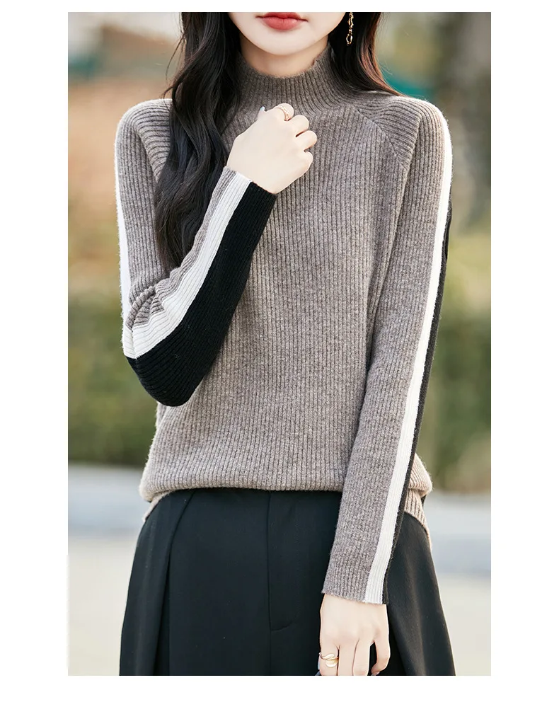 

Новый полосатый осенне-зимний стиль, пуловер из 100% мериносовой шерсти, женский свитер с половиной шеи, модная теплая вязаная верхняя рубашка с базовым слоем