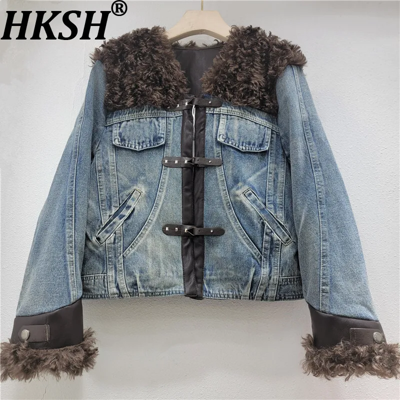 

HKSH Новая зимняя женская теплая куртка из искусственного меха в стиле пэчворк, джинсовая парка контрастного цвета, однобортное винтажное утепленное пальто HK13351