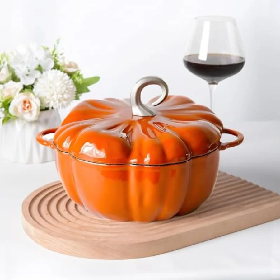 Olla de hierro fundido con forma de calabaza de 4 cuartos, cocotte esmaltada con tapa, olla para sopa - Sirve para 3-5 personas, ideal para Navidad