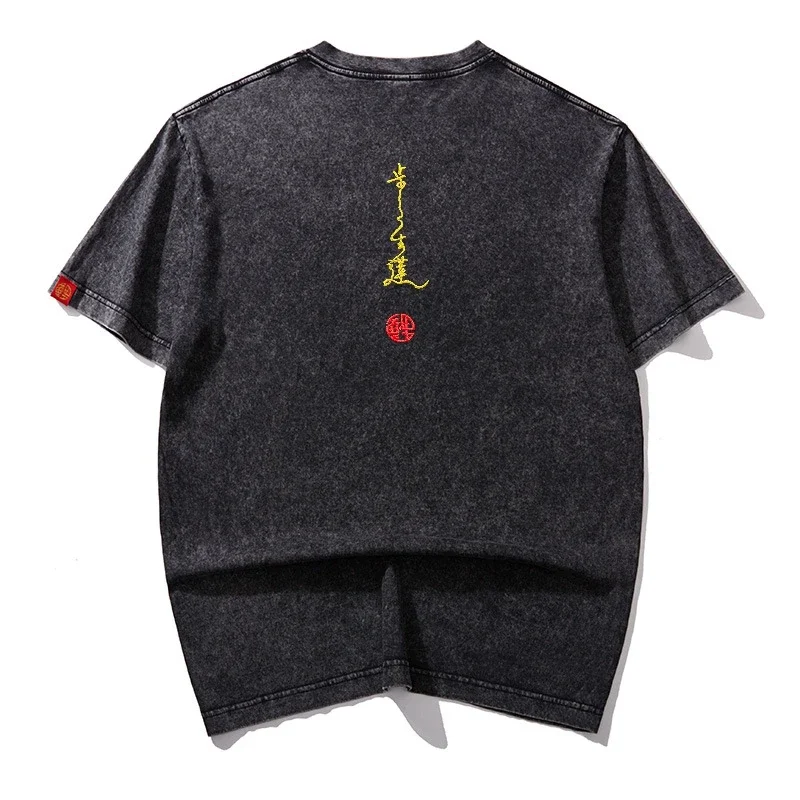 Lyprerazy New Retro Chinese Style Lotus Embroidery Short-sleeved T-shirt Summer National Tide Loose Men's Tee Shirt
