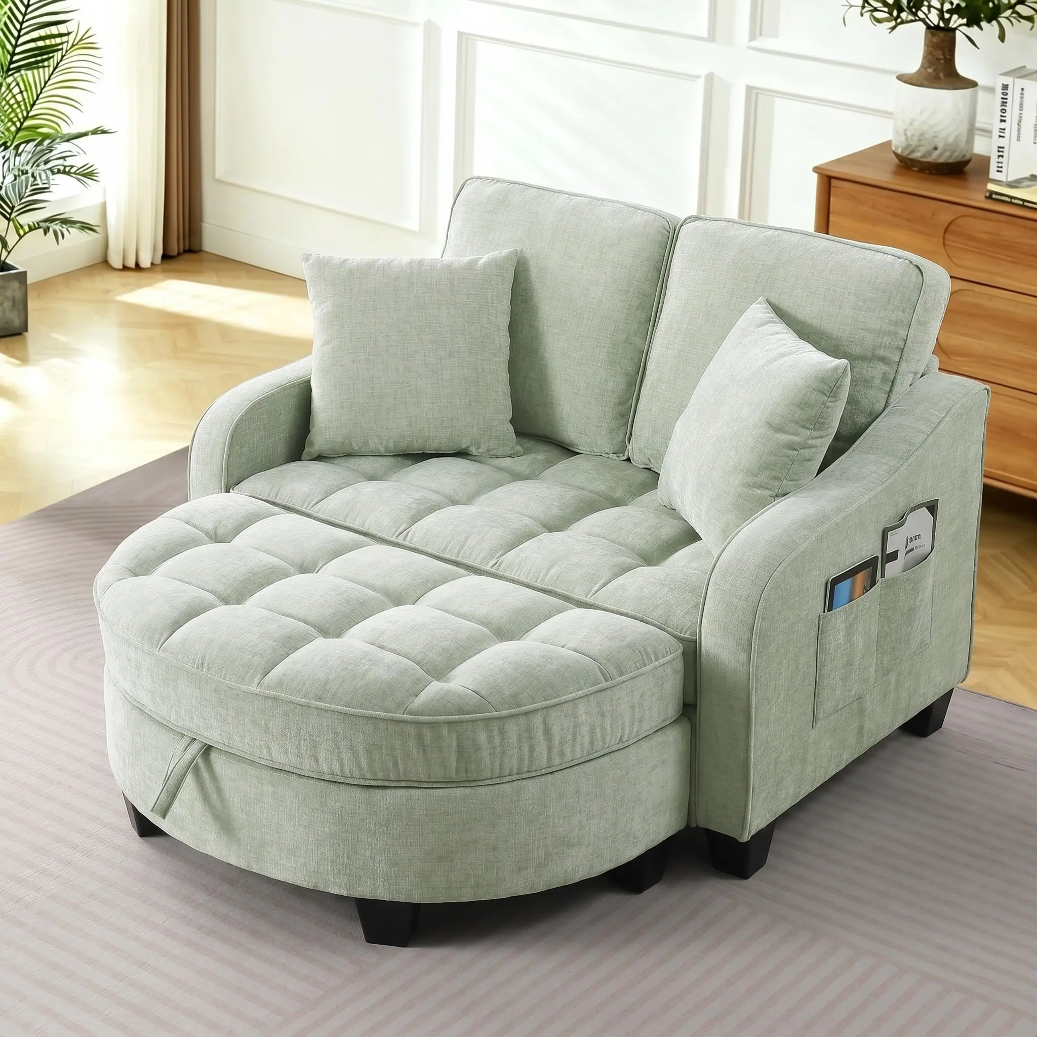 Chaise Lounge Chair Indoor with Storage Ottoman, Comfy Chenille Tufted Loveseat Sofa Chair with Adjustable Backrest