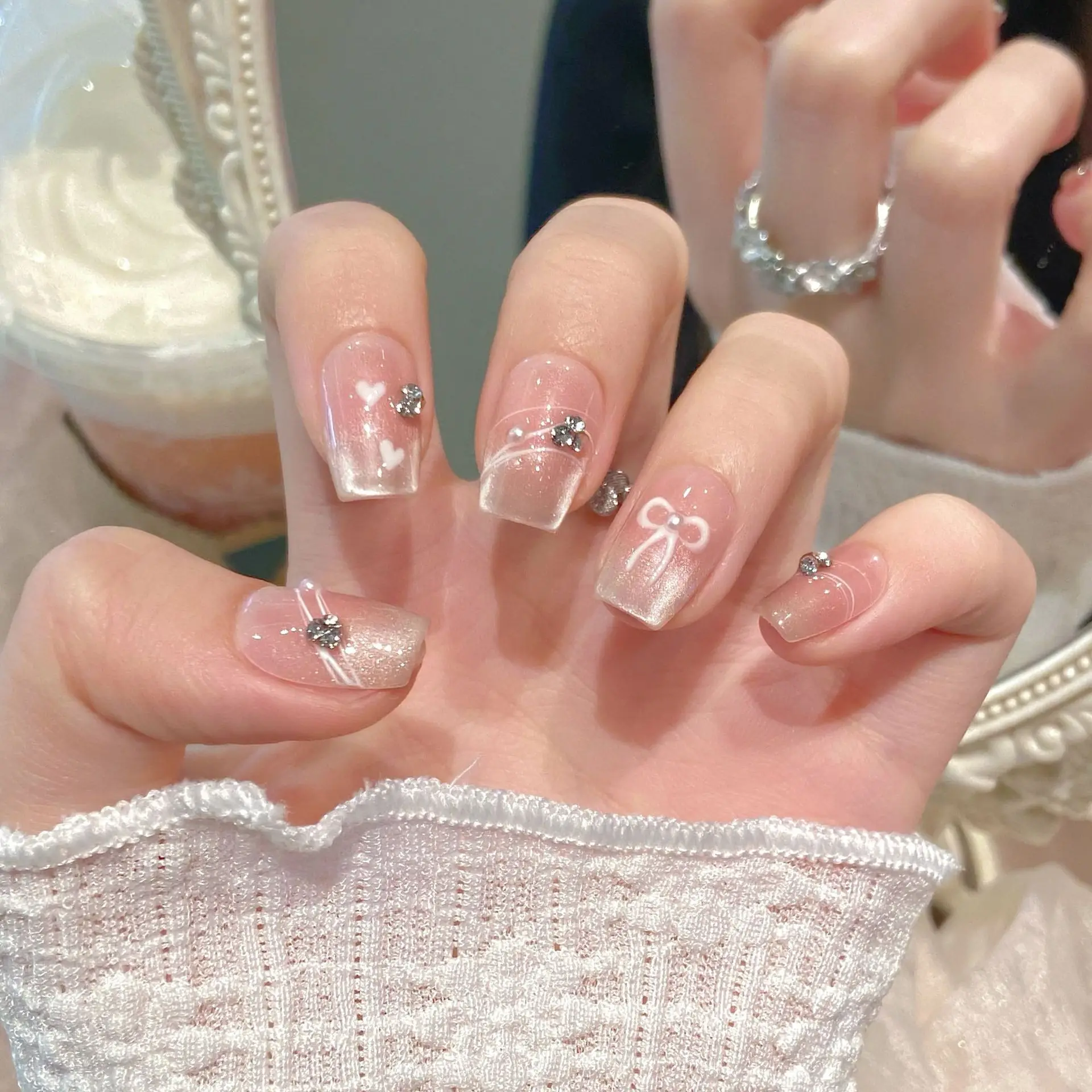 Handmade Sweet Pink Press on Nails with Bow Decor Shiny Cat Eye Fake Nails for Women Girl Wearable Reusable Korean False Nails