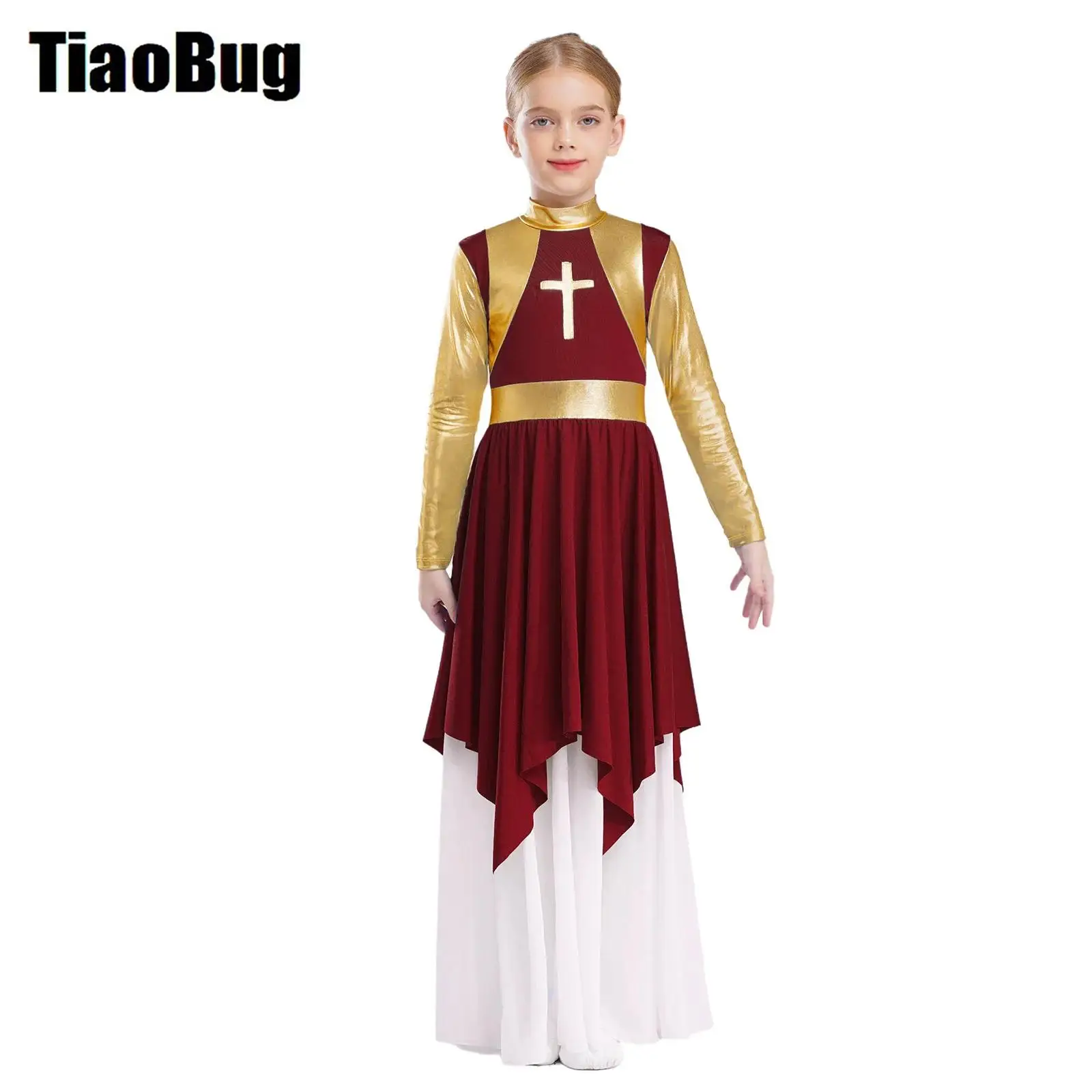 

Kids Girls Liturgical Praise Dress Worship Maxi Dresses Metallic Color Block Patchwork Dance Dress Church Choir Dancewear