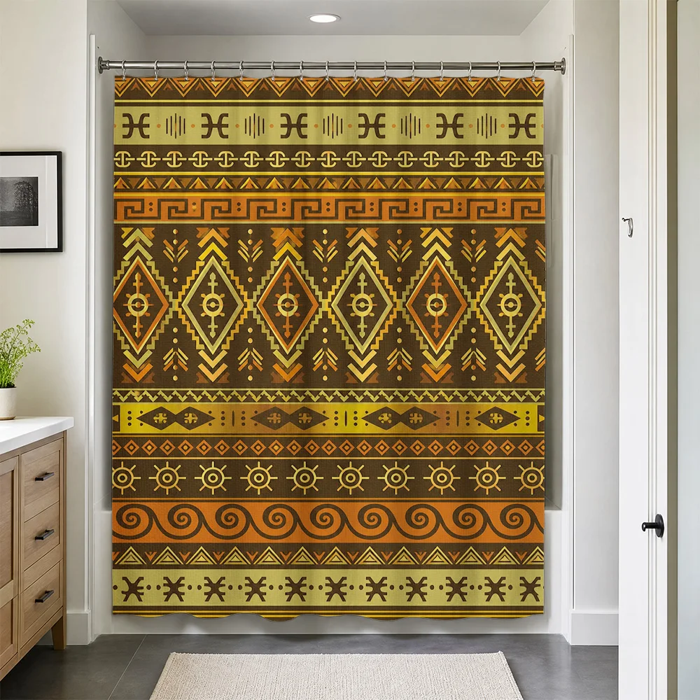 Bohemian Tribal Aztec Geometric Pattern Shower Curtain Liner Waterproof Yellow Orange Boho Style Bathroom Decor Curtain for Mode