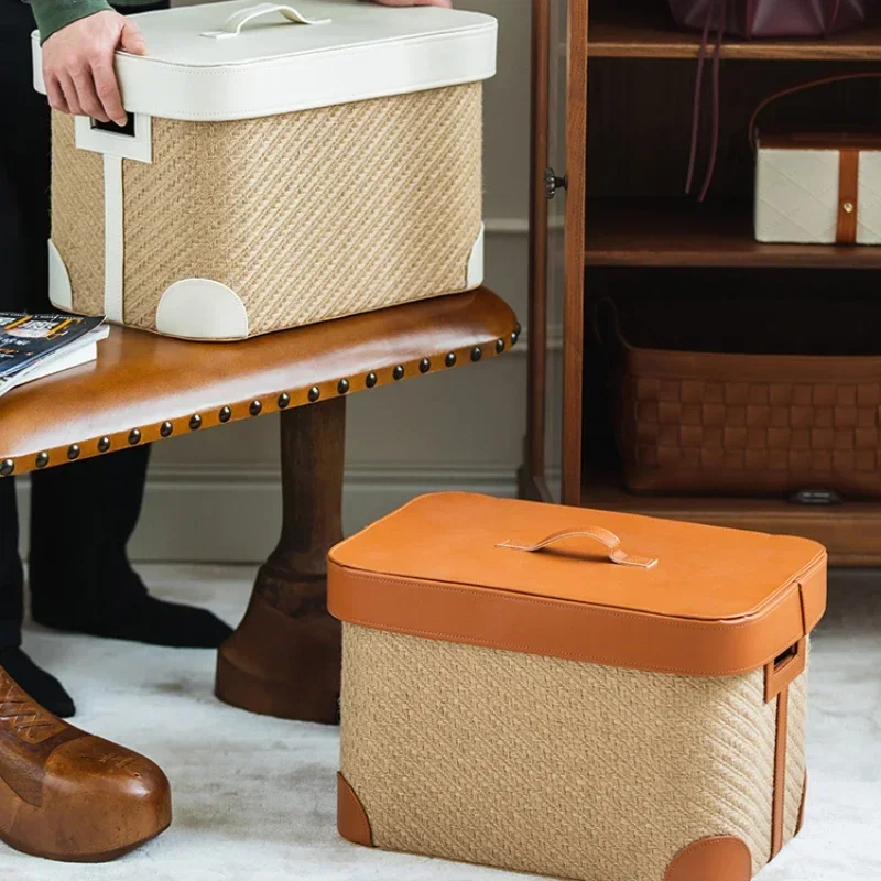 

Woven Portable Storage Box Jute Leather Storage Basket Home Bedroom Cashmere Clothes Blanket Doll Storage Basket