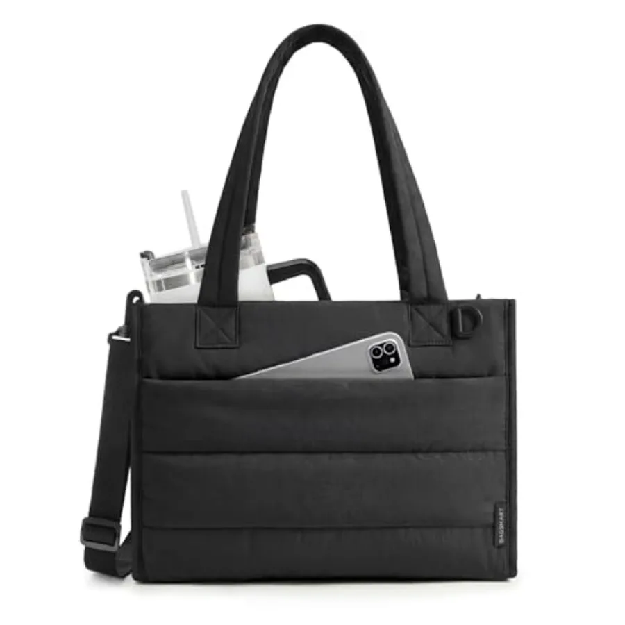 

Tote Bag for Women, Puffer Quilted Work Tote Bag, Zipper Closure for Work Travel College, Black 14L tote, 14'' Laptop bag, 30oz