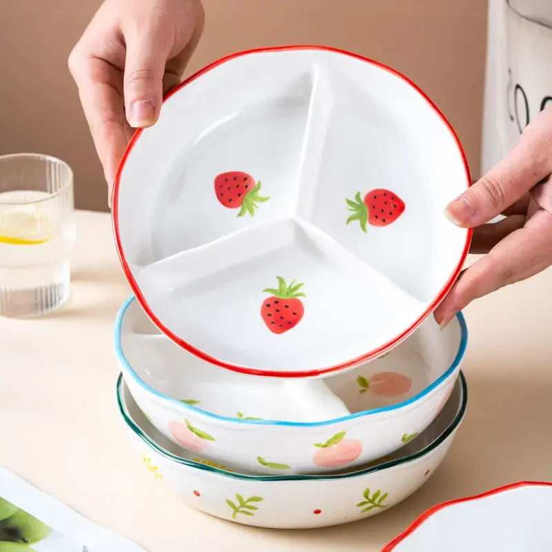 Ceramic Deepened Tableware Can Covered With Lid Microwaved Fruit Children's Lunch Dinner Plate Reduced Fat Three-grid Plate, 1Pc