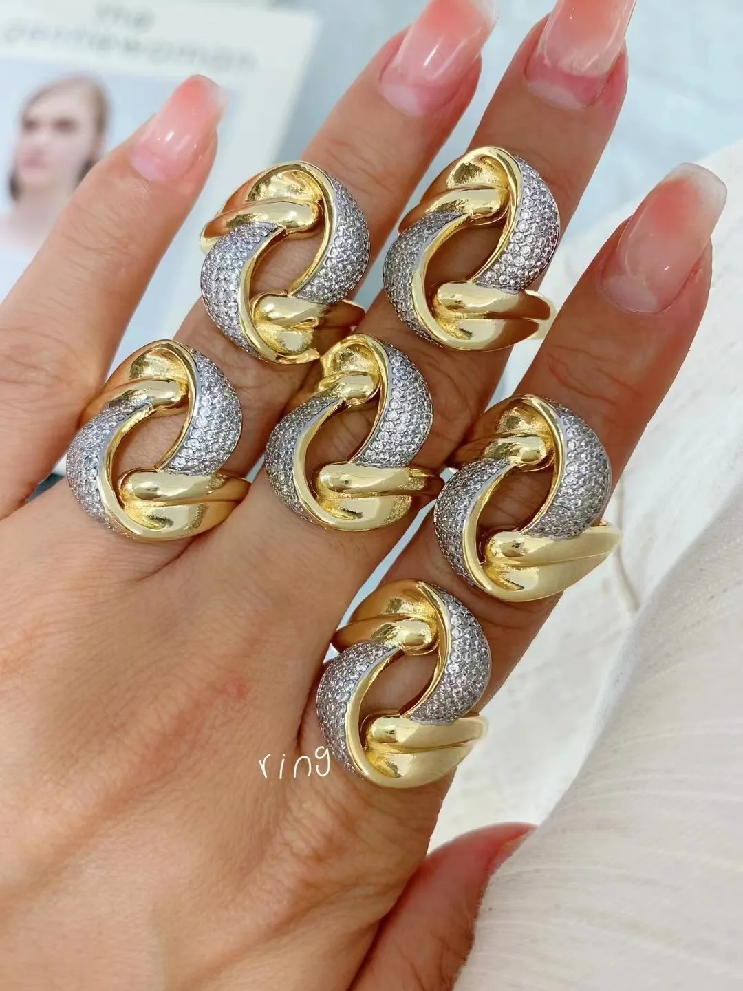 5pcs, Classic Irregular Statement Rings Copper Gold Silver Plated Crystal Zirconia Open Adjustable Ring Women Jewelry