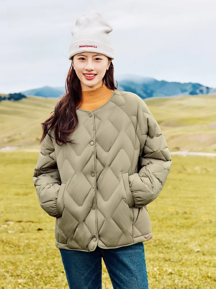 

Snowy Flight 2026 Весенняя новинка: Женская пуховая куртка с круглым вырезом и ромбовидным узором, повседневная, модная, простая в сочетании, молодежная, для отдыха, как внутренний слой