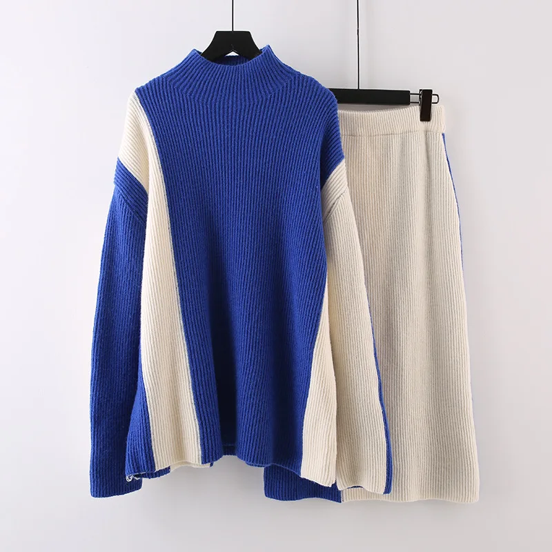 ZAMOR Color Block High Neck Sweater and Skirt Set, Women's Two-Piece Knit Suit, Autumn Winter New, Design Sense