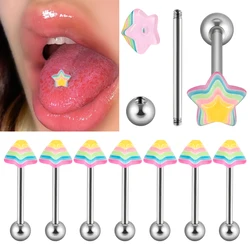 1pcs Rainbow Pyramid Conical Star Tongue Rings Stainless Steel Multicolor Tongue Studs Barbell Piercing Body Jewelry 14G