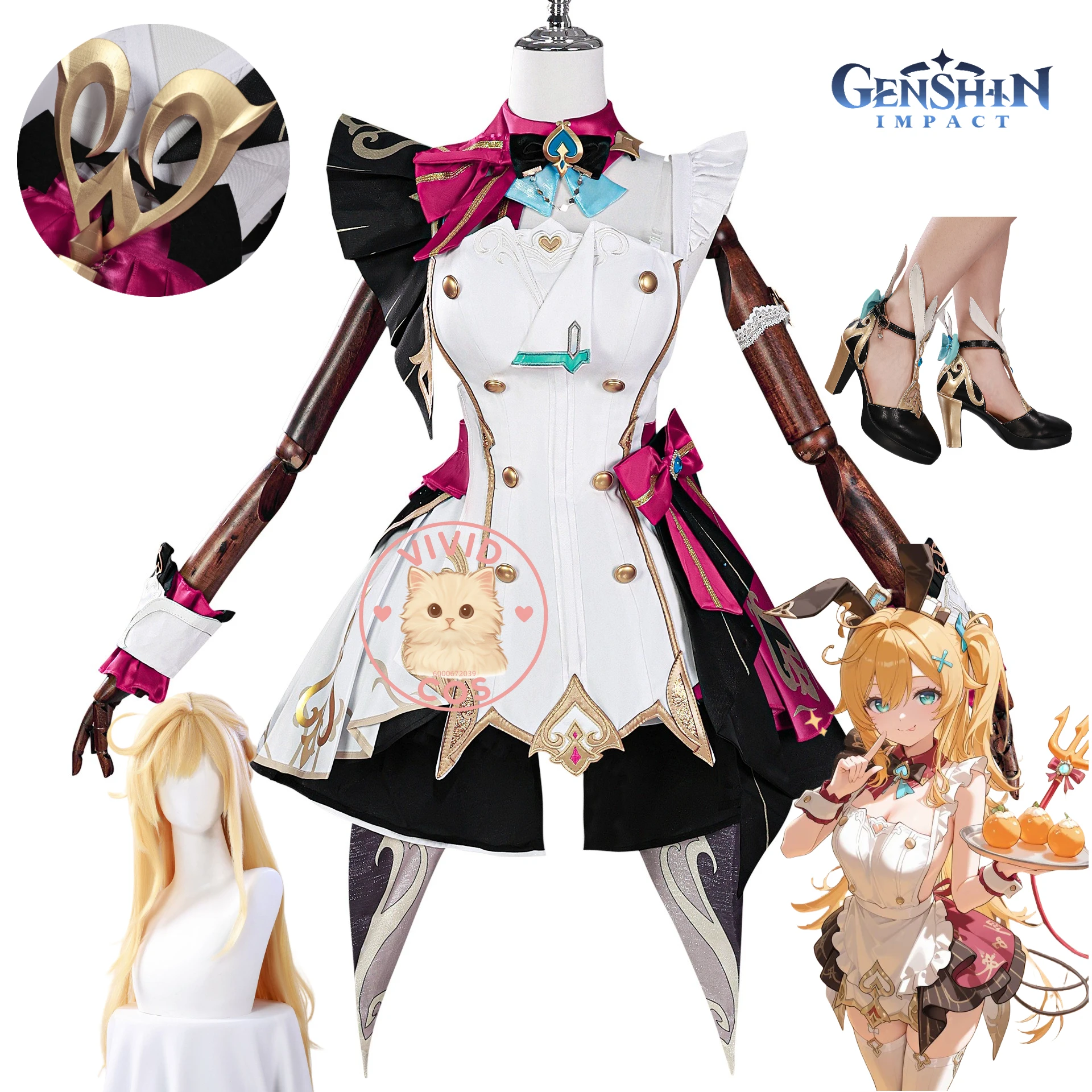 

Game Genshin Impact Escoffier Cosplay New Anime Costume Love Live Role Play Cute Dress with Tail for Women Wig Shoes Suit Set