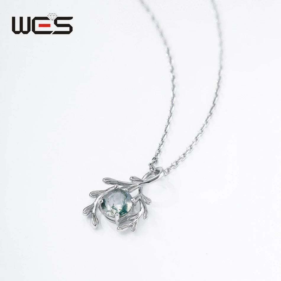 WES 100% 925 Sterling Silver Natural 7*7mm Moss Agate Pendant Necklace For Woman Wedding Olive Branch Design Gifts Fine Jewelry