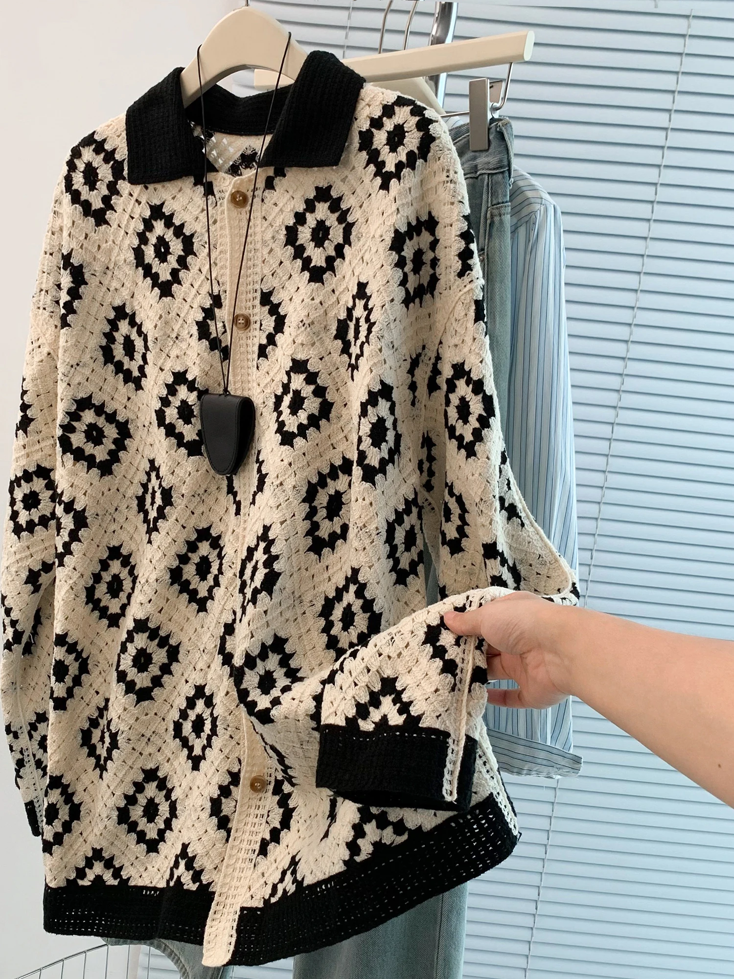 Loose Casual Knitted Cotton Tead Hook Flower Hollow Diamond id Women's Coat Large Size Autumn New Sle Commute Simple
