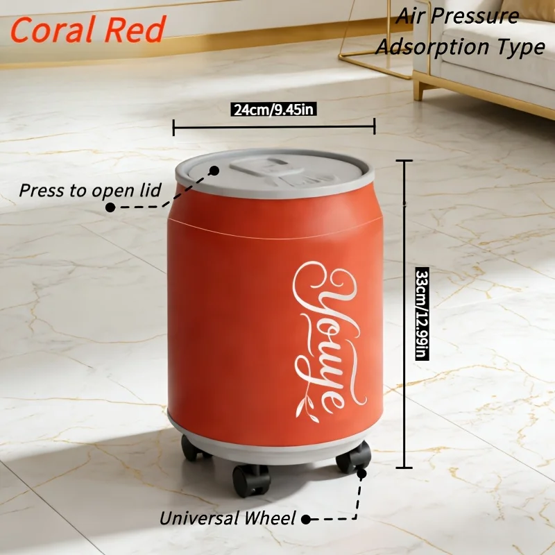 Creative Push-Button Trash Can with Lid Soda Can Shape Portable Waste Basket for Home Bathroom Kitchen Garbage Bin with Wheels
