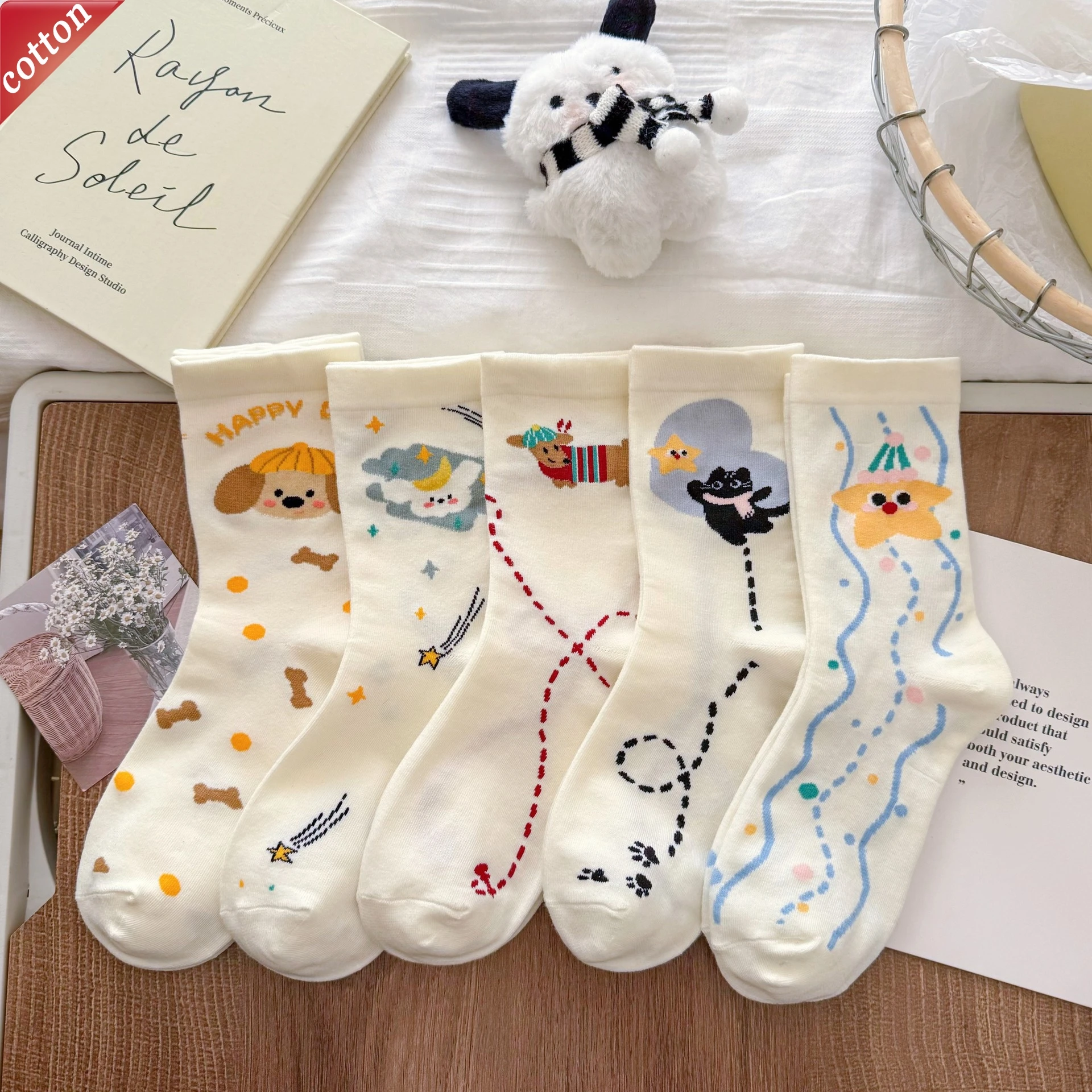 1/5 Paar Damensocken, japanischer Cartoon, süßer Welpe, Stern, lässig, Adrette, vielseitig, mittlere Röhrensocken, hochwertige Baumwollsocken