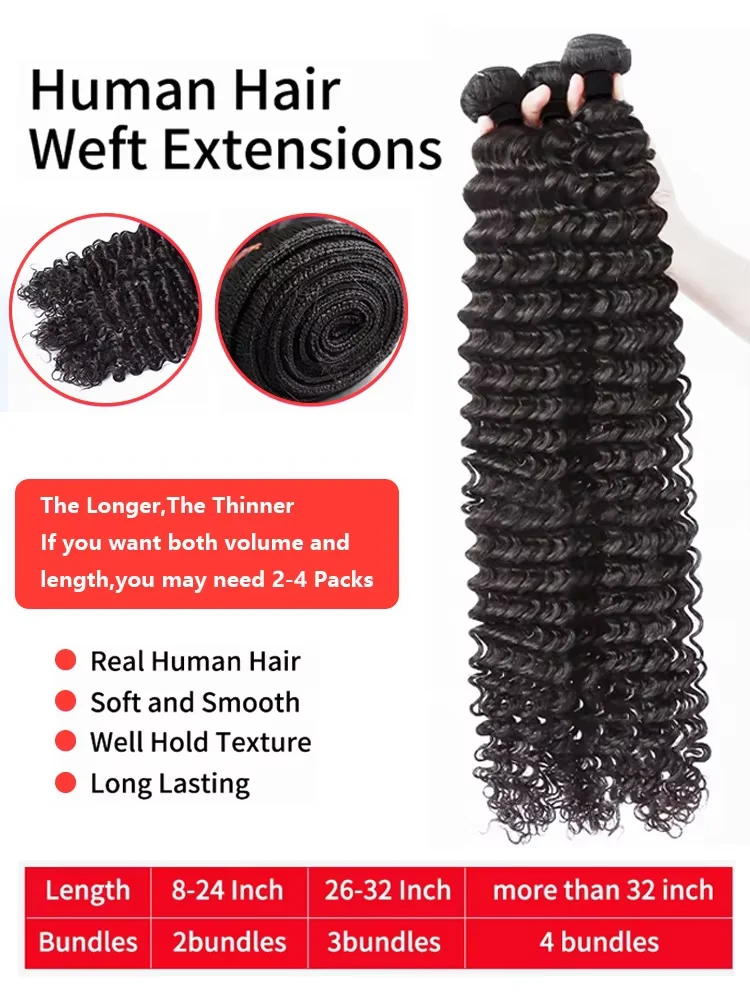 30 32 Inch Brazilian Hair Deep Wave Human Hair Bundles 100% Unprocessed Raw Hair Curly Bundles Human Hair Weaving For Extensions