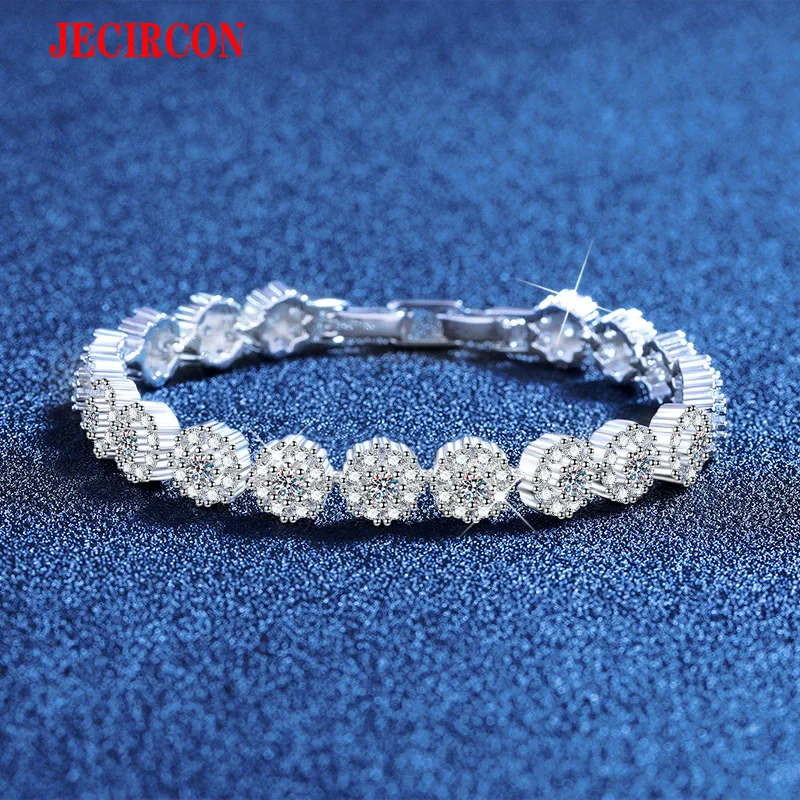 

JECIRCON S925 Sterling Silver Sunflower Inspired Moissanite Bracelet Each 3mm Stones, Shiny European & American Roman Hand Chain