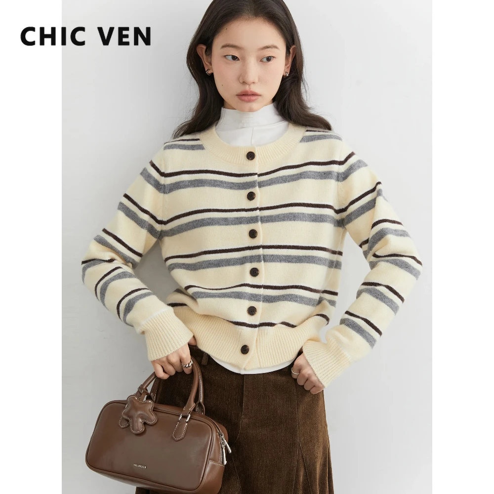 

CHIC VEN New Women Sweaters Loose Casual O Neck Short Contrast Striped Ladies Jumpers Warm Girl Top Autumn Winter 2026
