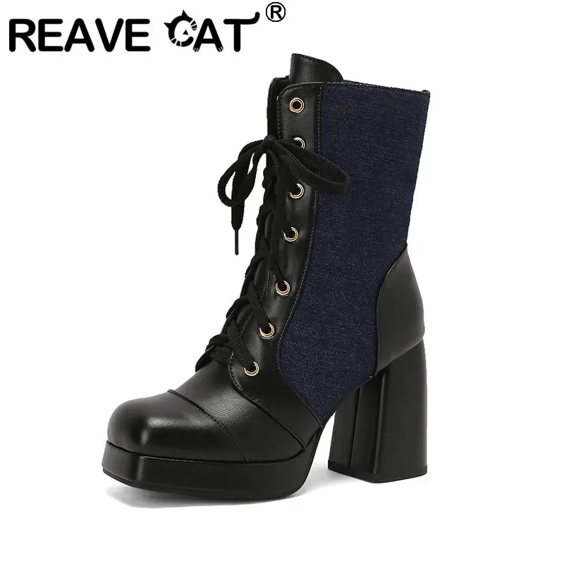 REAVE CAT Mixed Color Women Ankle Boots Toe Chunky Heels Platform Hill Lace Up Splice Size 46 47 Fashion Bota