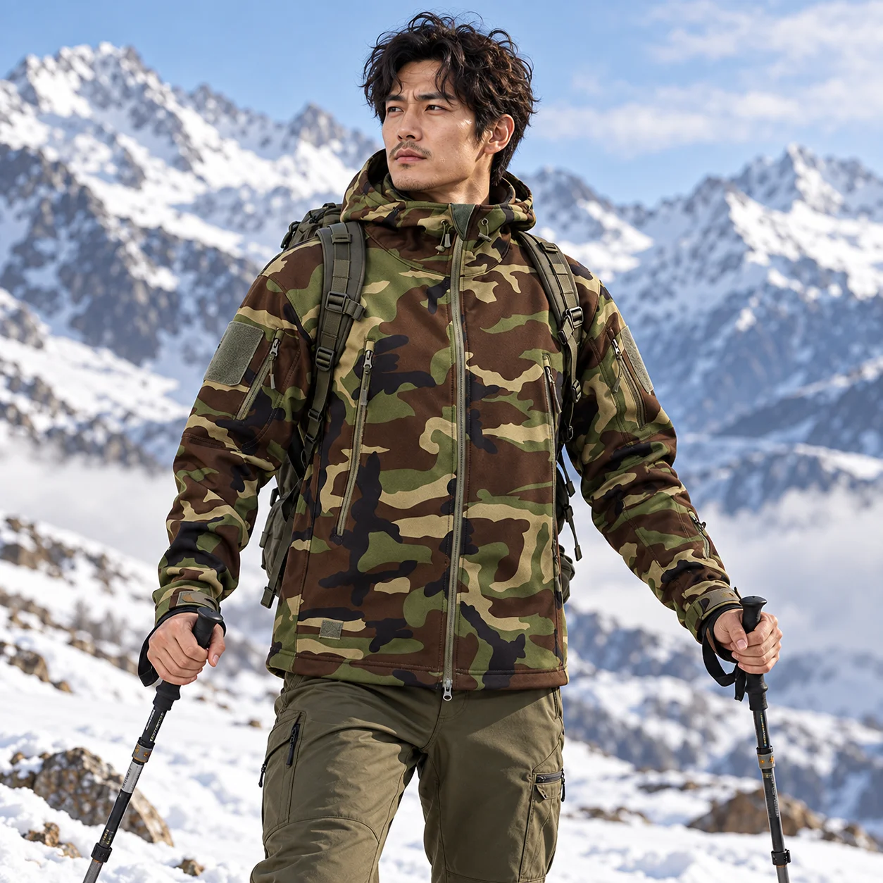 Men Winter Fleece Sharkskin Tactical Cargo Hoodie Jacket, Outdoor Coat for Outdoor Sports, Rock Climbing & Camping