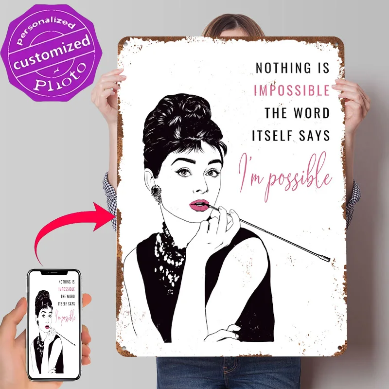 Audrey Hepburn Metal Poster Customized Wall Art Retro Vintage Metal Signs for Man Cave Mancave Decoration Gaming Office Decor