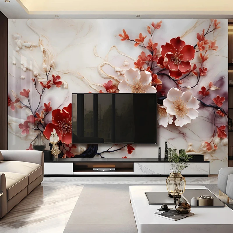 

Custom Large Size Wallpaper 3D Embossed Red Plum Bossom Flowers Painting Wall Mural for Living Room TV Background Home Decor